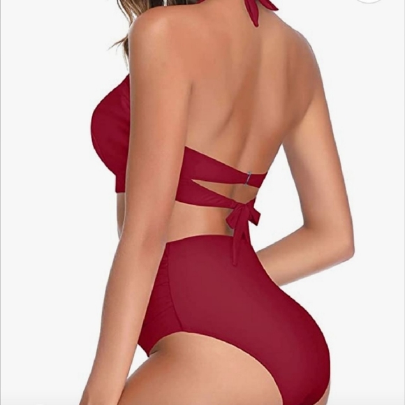 Two Piece Vintage Swimsuit Retro Halter Ruched High Waist Bikini with Bottom - Picture 1 of 11